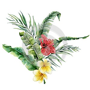 Watercolor floral tropical bouquet with bright flowers. Hand painted coconut and banana leaves, plumeria, hibiscus