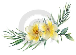 Watercolor floral tropical bouquet with plumeria and palm branch. Hand painted frangipani, eucalyptus isolated on white