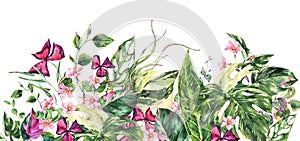Watercolor floral tropical leaves horisontal greeting card. Monstera, botanical illustration