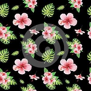 Watercolor floral tropical seamless pattern with green monstera leaves and pink hibiscus flowers on black