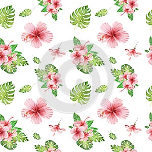 Watercolor floral tropical seamless pattern with green monstera leaves and pink hibiscus flowers on white