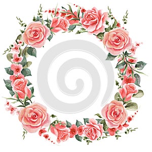 Watercolor floral vignette with pink roses and leaves. Round frame for decorating text, invitations, announcements