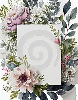 Watercolor floral wedding composition. Square frame with flowers and leaves with copy space