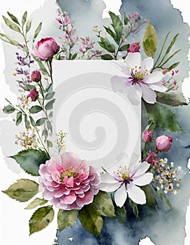 Watercolor floral wedding composition. Square frame with flowers and leaves with copy space