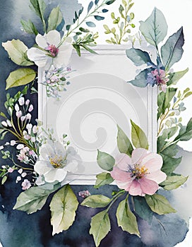 Watercolor floral wedding composition. Square frame with flowers and leaves with copy space