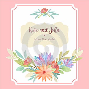 Watercolor floral wedding invitation card template with frame an