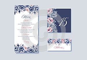 Watercolor floral wedding menu, table and escort cards with navy blue and pink flowers illustration.