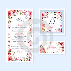 Watercolor floral wedding menu, table and escort cards with vintage flowers illustration.