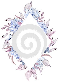 Watercolor floral winter frame with pink leaves. Christmas template. Hand-drawn vrame with blue flowers