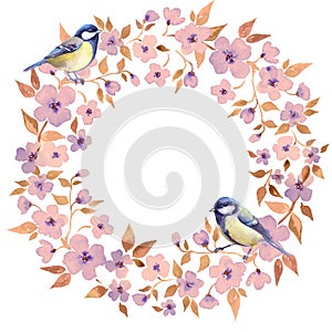 Watercolor floral wreath with birds. Hand drawn element for design. Round frame