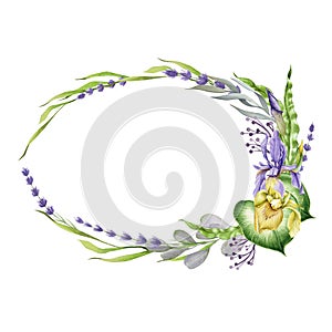 Watercolor floral wreath. Botanic decoration illustration of spring flowersd leaves. Flower composition for wedding or