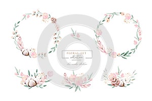 Watercolor floral wreath and bouquet frame illustration with cotton balls peach color, white, pink, vivid flowers, green