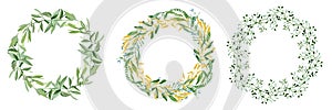 Watercolor floral wreath, delicate green leaves and branches. Cute minimal  greenery circle frame invitation.