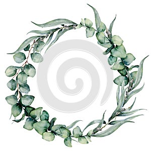 Watercolor floral wreath with different eucalyptus leaves. Hand painted wreath with baby blue, siver dollar eucalyptus