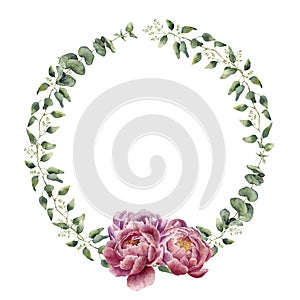 Watercolor floral wreath with eucalyptus, baby eucalyptus leaves and peony flowers.