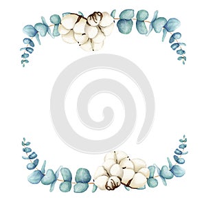 Watercolor floral wreath eucalyptus and cotton. Hand drawn isolated on white background. Botanical art background. For