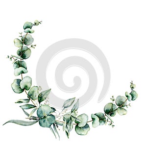 Watercolor floral wreath with eucalyptus leaves. Hand painted illustration with branches and leaves isolated on white