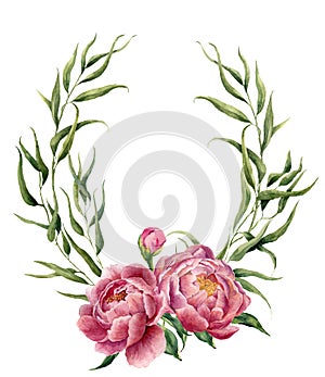 Watercolor floral wreath with eucalyptus leaves, peonies and leaves. Hand painted floral border with branches, leaves