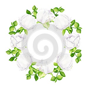 Watercolor floral wreath. Hand painted peonies and green leaves isolated on white background. White flowers and greenery