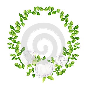 Watercolor floral wreath. Hand painted peonies and green leaves isolated on white background. White flowers and greenery