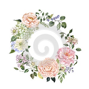 Watercolor floral wreath illustration. Colorful spring flowers and green leaves, isolated. hand painted botanical frame