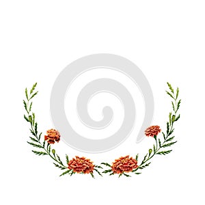 Watercolor floral wreath illustration with marigold flowers and delicate green leaves