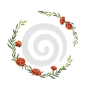 Watercolor floral wreath illustration with marigold flowers and green leaves.