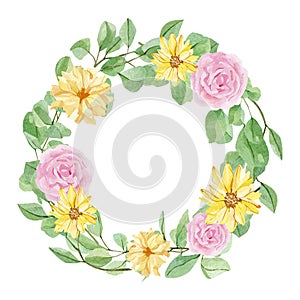 Watercolor floral wreath illustration with rose, wildflowers, green leaves, for wedding stationery, greeting card