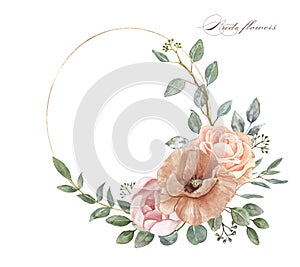 Watercolor floral wreath with pastel pink and nude flowers- poppy, rose, peony and eucalyptus foliage, isolated