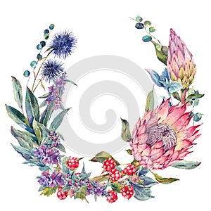 Watercolor floral wreath with protea