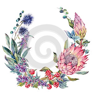 Watercolor floral wreath with protea photo