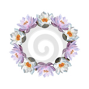 Watercolor floral wreath with purple waterlilies Circle frame for invitations, postcards, logos, Women day 2024 birthday