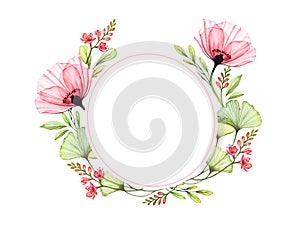 Watercolor floral wreath. Round arrangement of field flowers, poppy, leaves. Card template with place for text. Isolated