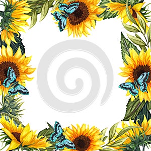 Watercolor floral wreath with sunflowers anf butterflies , leaves, foliage, branches, fern leaves and place for your text
