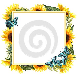 Watercolor floral wreath with sunflowers anf butterflies , leaves, foliage, branches, fern leaves and place for your text