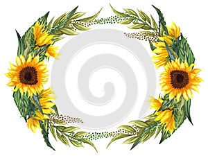 Watercolor floral wreath with sunflowers,leaves, foliage, branches, fern leaves and place for your text