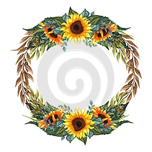 Watercolor floral wreath with sunflowers,leaves, foliage, branches, fern leaves and place for your text