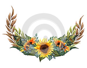 Watercolor floral wreath with sunflowers,leaves, foliage, branches, fern leaves and place for your text