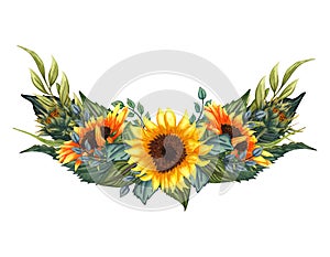 Watercolor floral wreath with sunflowers,leaves, foliage, branches, fern leaves and place for your text