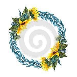 Watercolor floral wreath with sunflowers,leaves, foliage, branches, fern leaves and place for your text