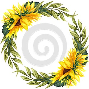 Watercolor floral wreath with sunflowers,leaves, foliage, branches, fern leaves and place for your text