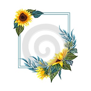 Watercolor floral wreath with sunflowers,leaves, foliage, branches, fern leaves and place for your text