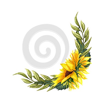 Watercolor floral wreath with sunflowers,leaves, foliage, branches, fern leaves and place for your text