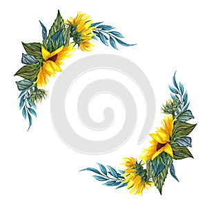 Watercolor floral wreath with sunflowers,leaves, foliage, branches, fern leaves and place for your text