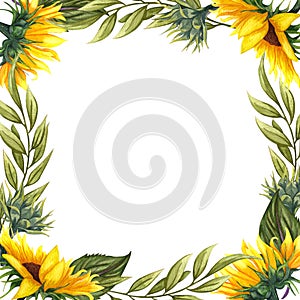 Watercolor floral wreath with sunflowers,leaves, foliage, branches, fern leaves and place for your text