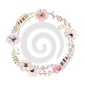 Watercolor floral wreath. Watercolour natural frame: leaves, feathers, flowers, birds. Isolated on white background. Artistic dec