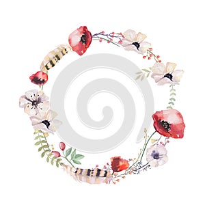 Watercolor floral wreath. Watercolour natural frame: leaves, feathers, flowers, birds. Isolated on white background. Artistic dec