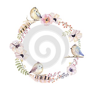 Watercolor floral wreath. Watercolour natural frame: leaves, feathers, flowers, birds. Isolated on white background. Artistic dec