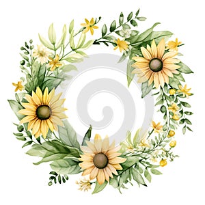 Watercolor floral wreath with yellow sunflowers and green leaves.