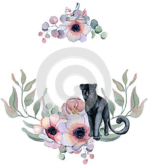 Watercolor floral wreaths with black panther